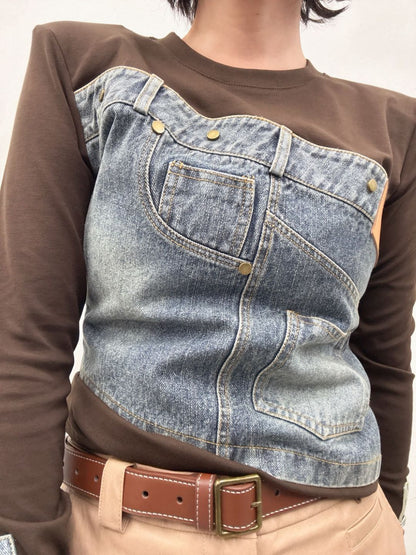 Denim panel long sleeve top