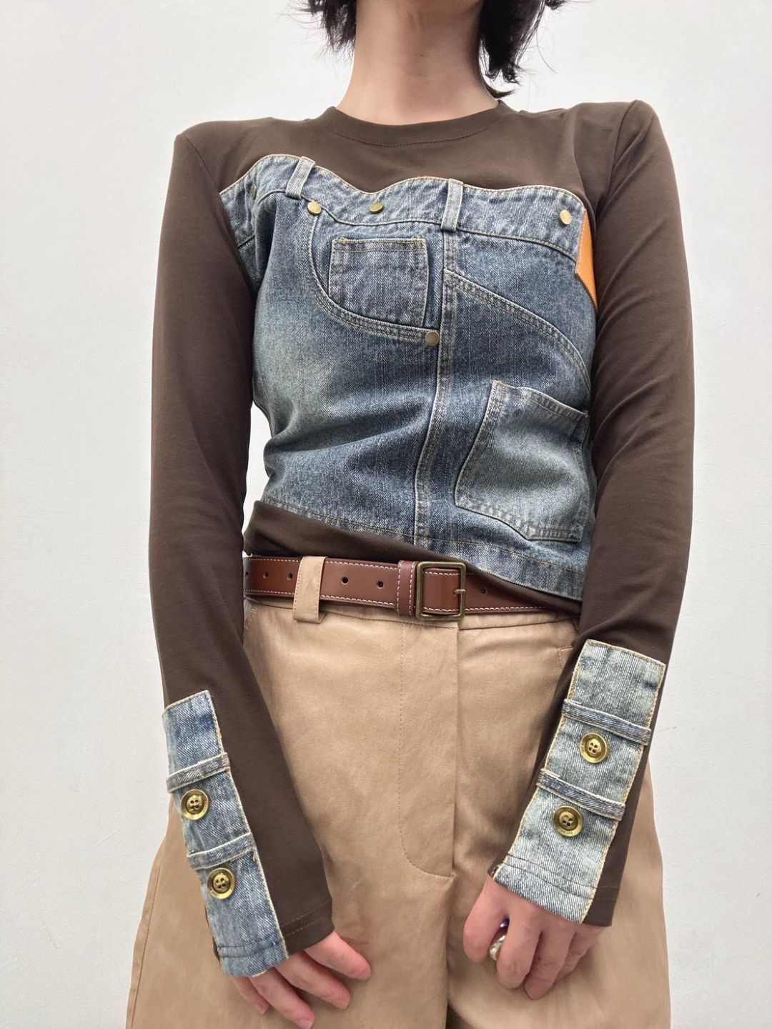Denim panel long sleeve top