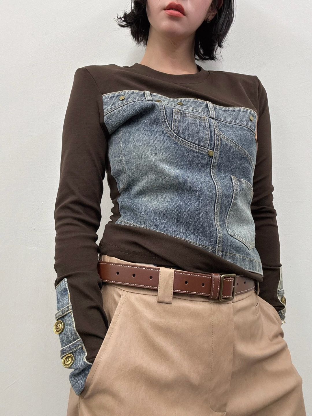 Denim panel long sleeve top