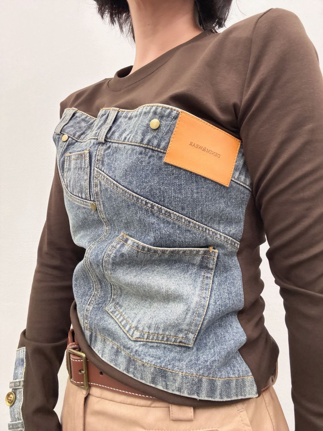 Denim panel long sleeve top