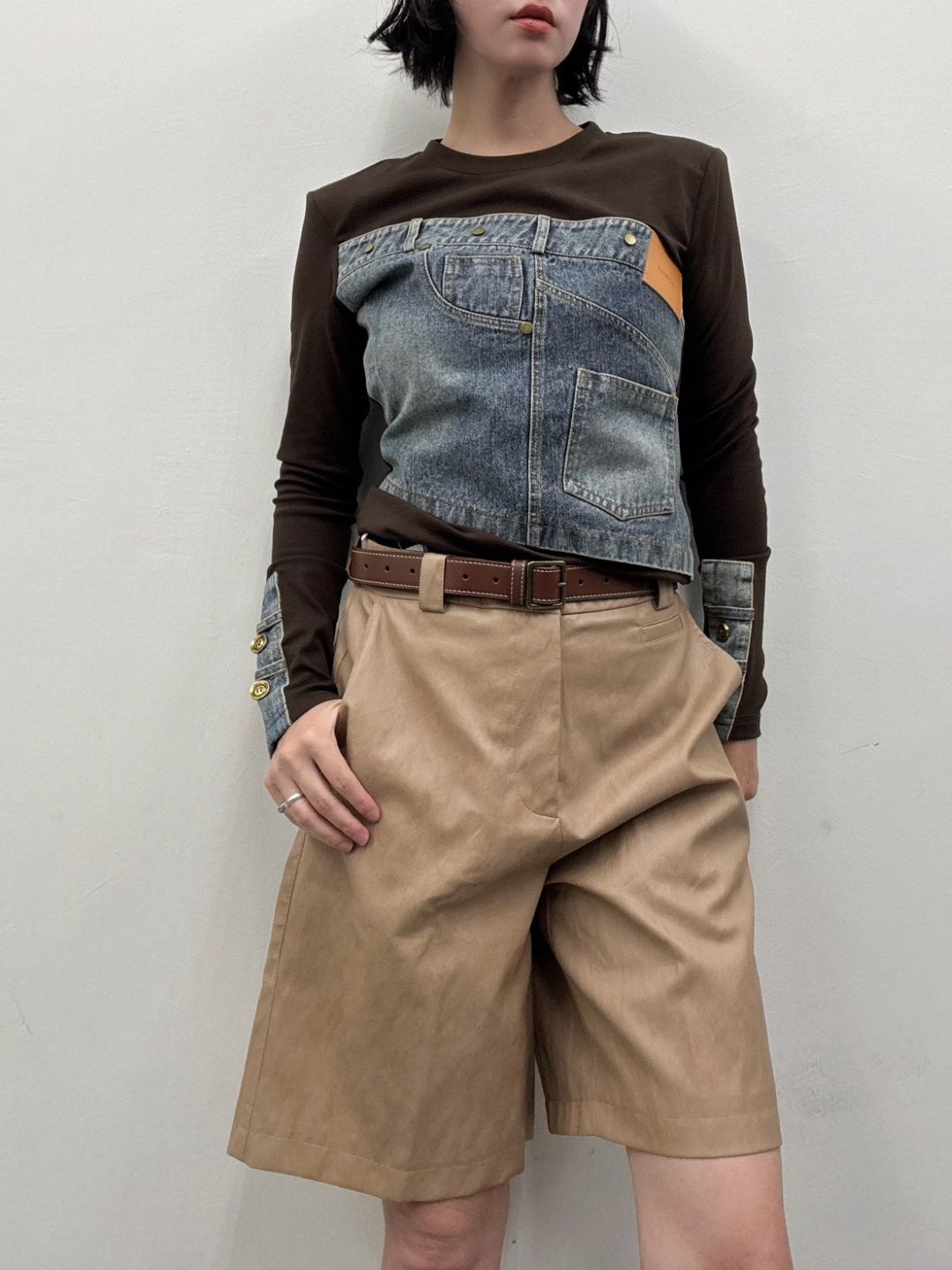 Denim panel long sleeve top