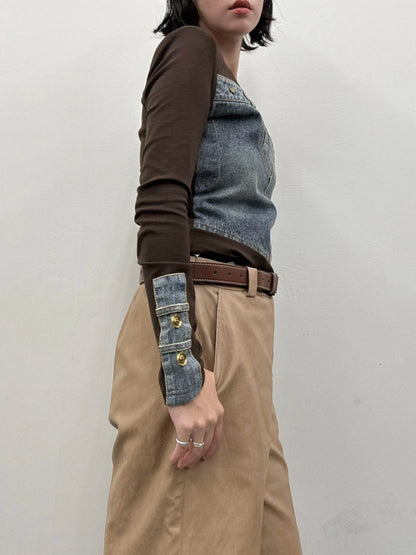 Denim panel long sleeve top