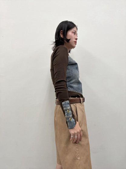 Denim panel long sleeve top