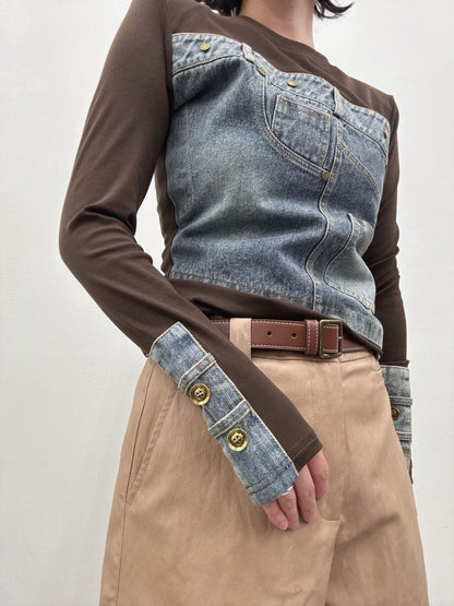 Denim panel long sleeve top