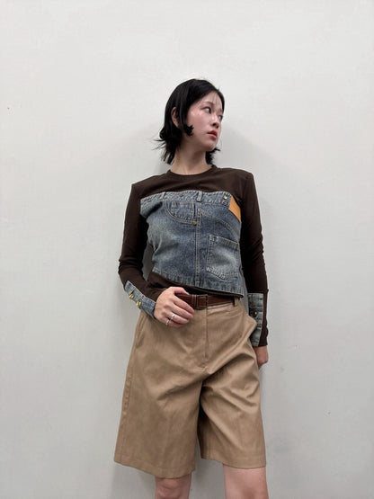 Denim panel long sleeve top