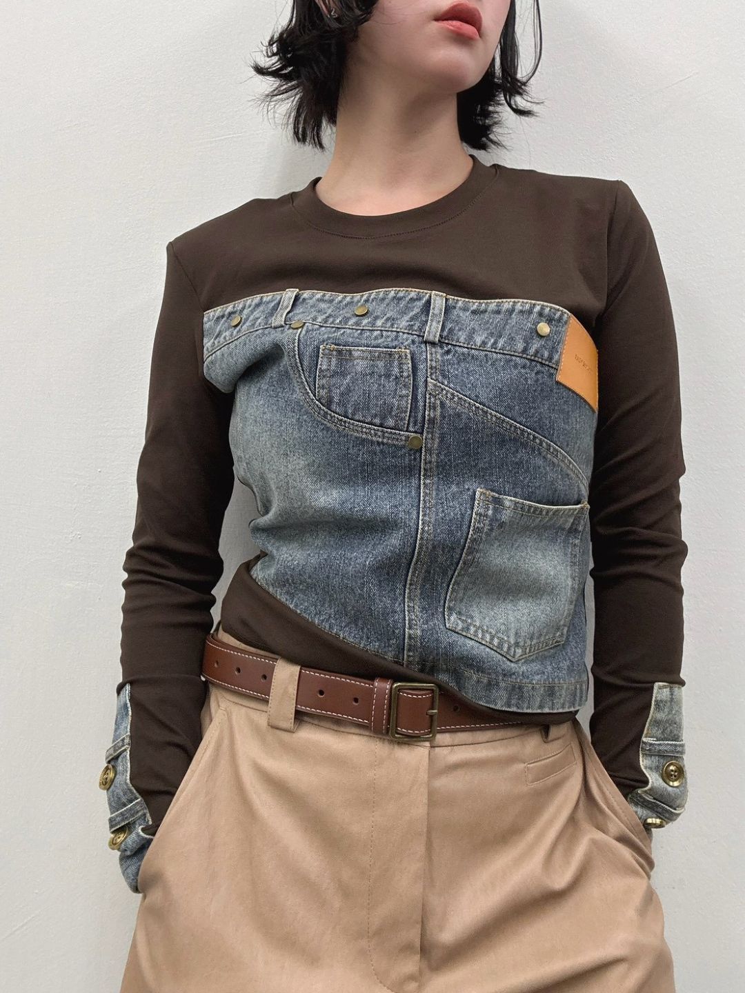 Denim panel long sleeve top