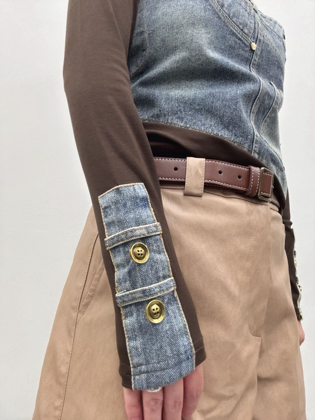 Denim panel long sleeve top