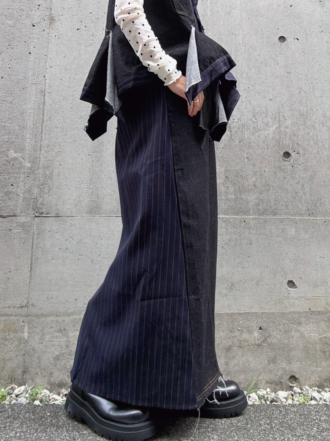 stripe×denim maxi skirt