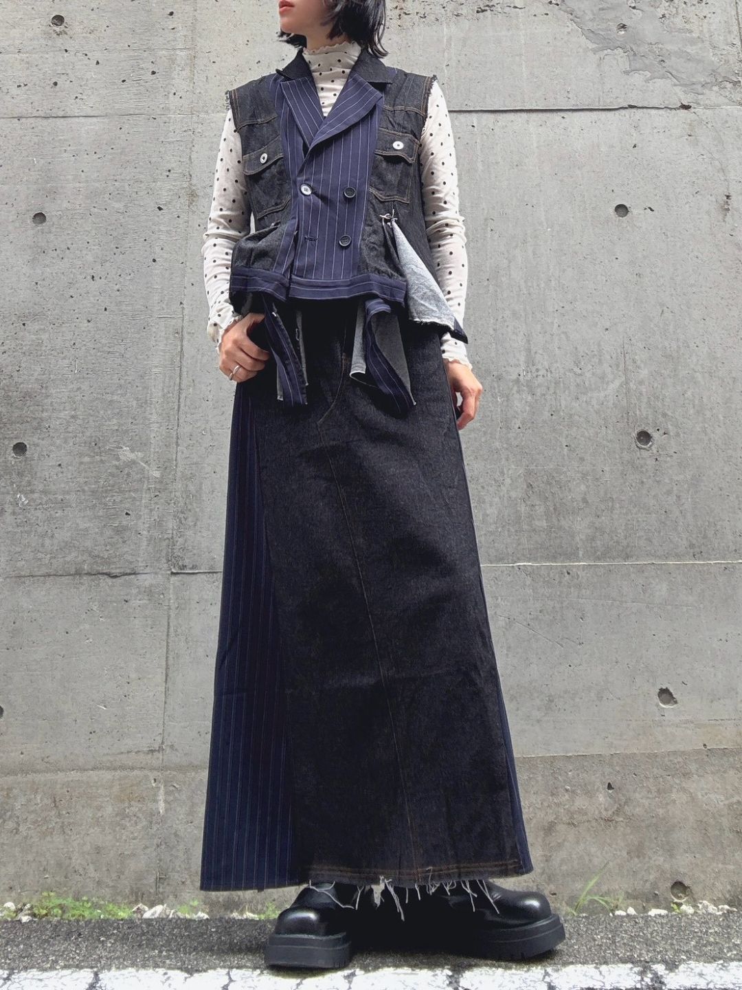 stripe×denim maxi skirt