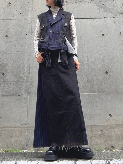 stripe×denim maxi skirt