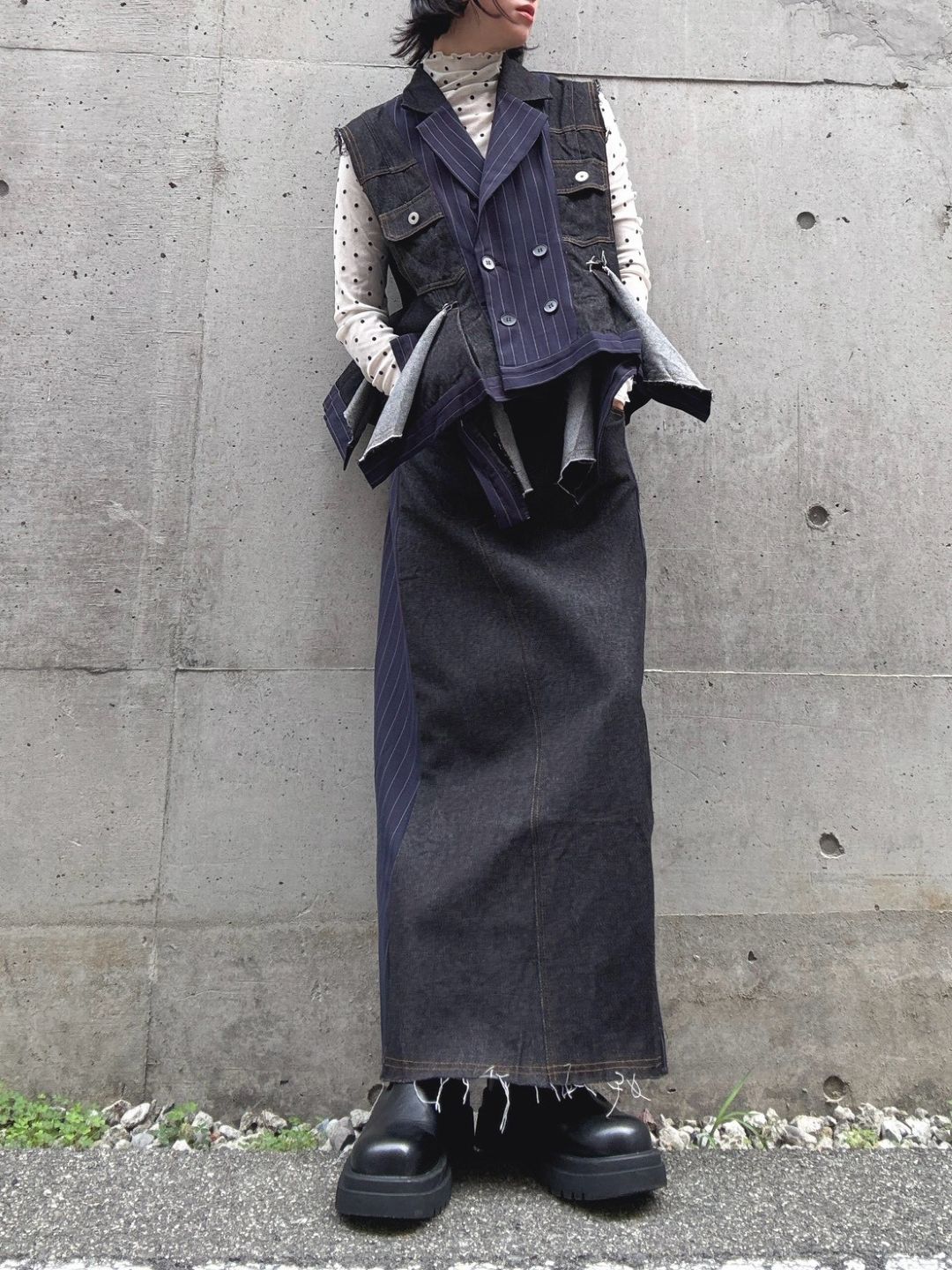 stripe×denim maxi skirt