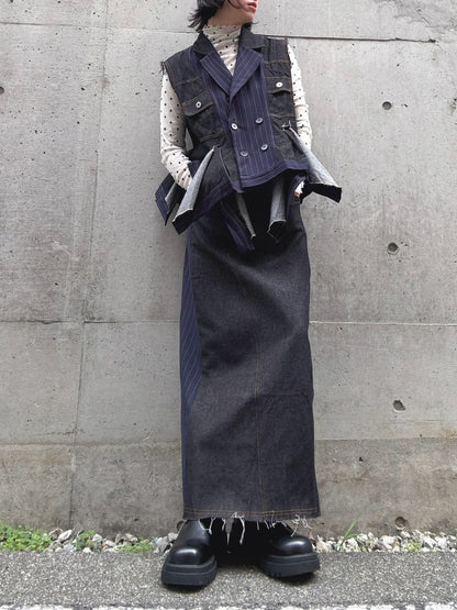 stripe×denim maxi skirt