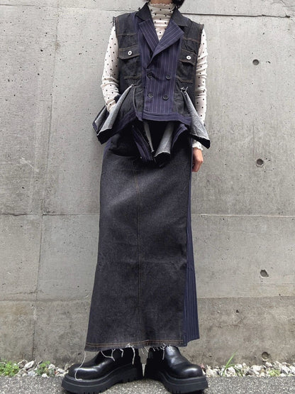 stripe×denim maxi skirt