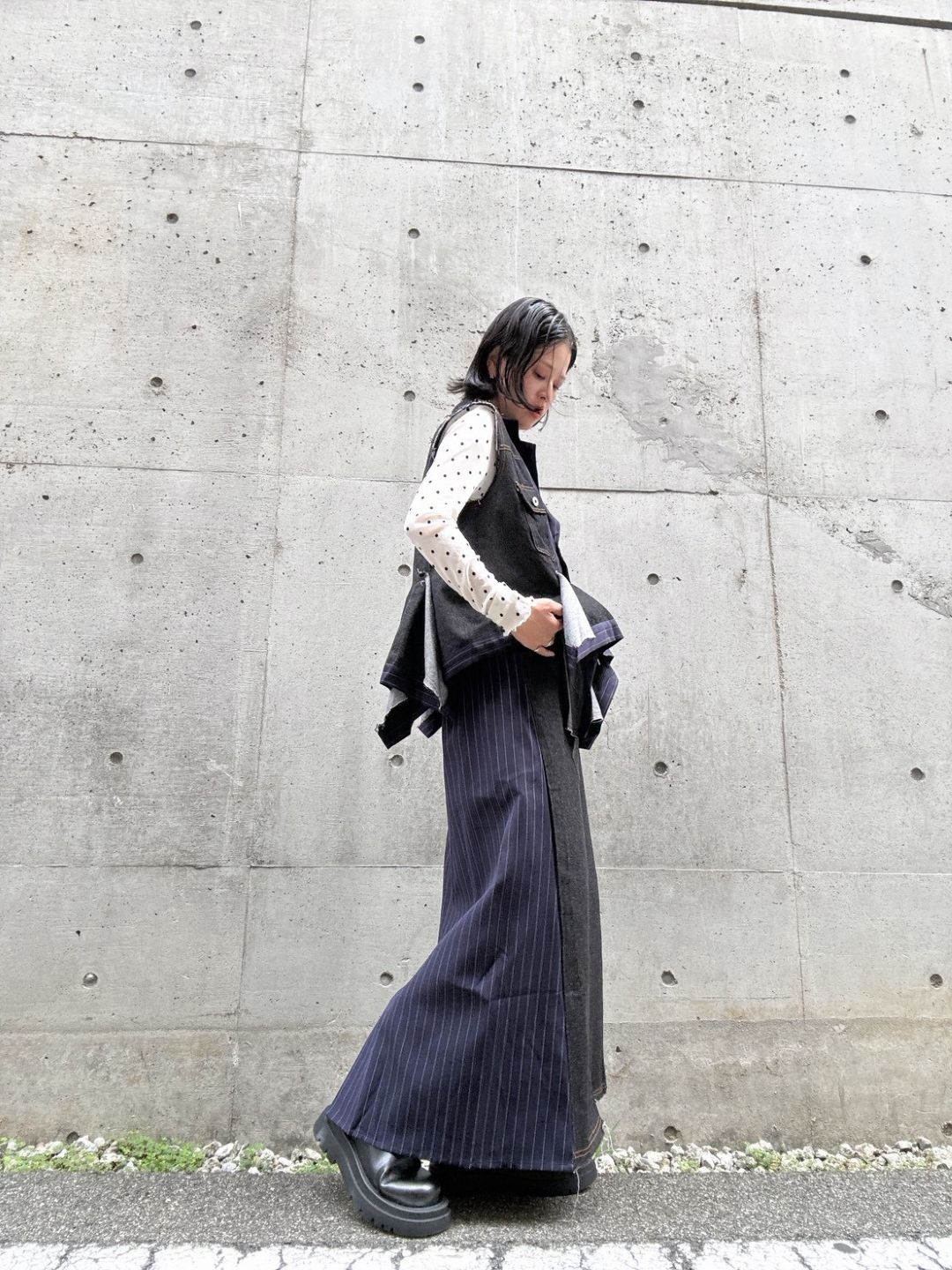 stripe×denim maxi skirt