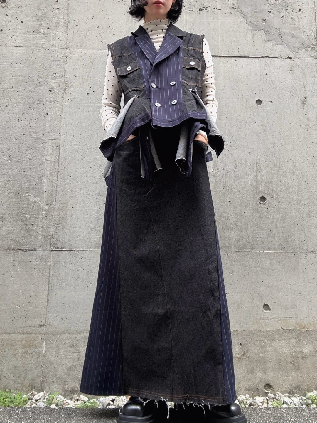 stripe×denim maxi skirt