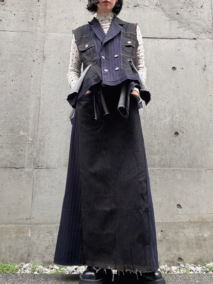 stripe×denim maxi skirt