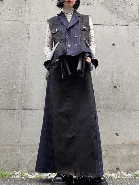 stripe×denim maxi skirt