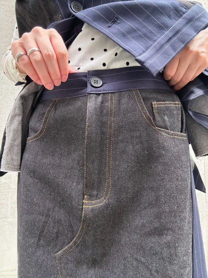 stripe×denim maxi skirt