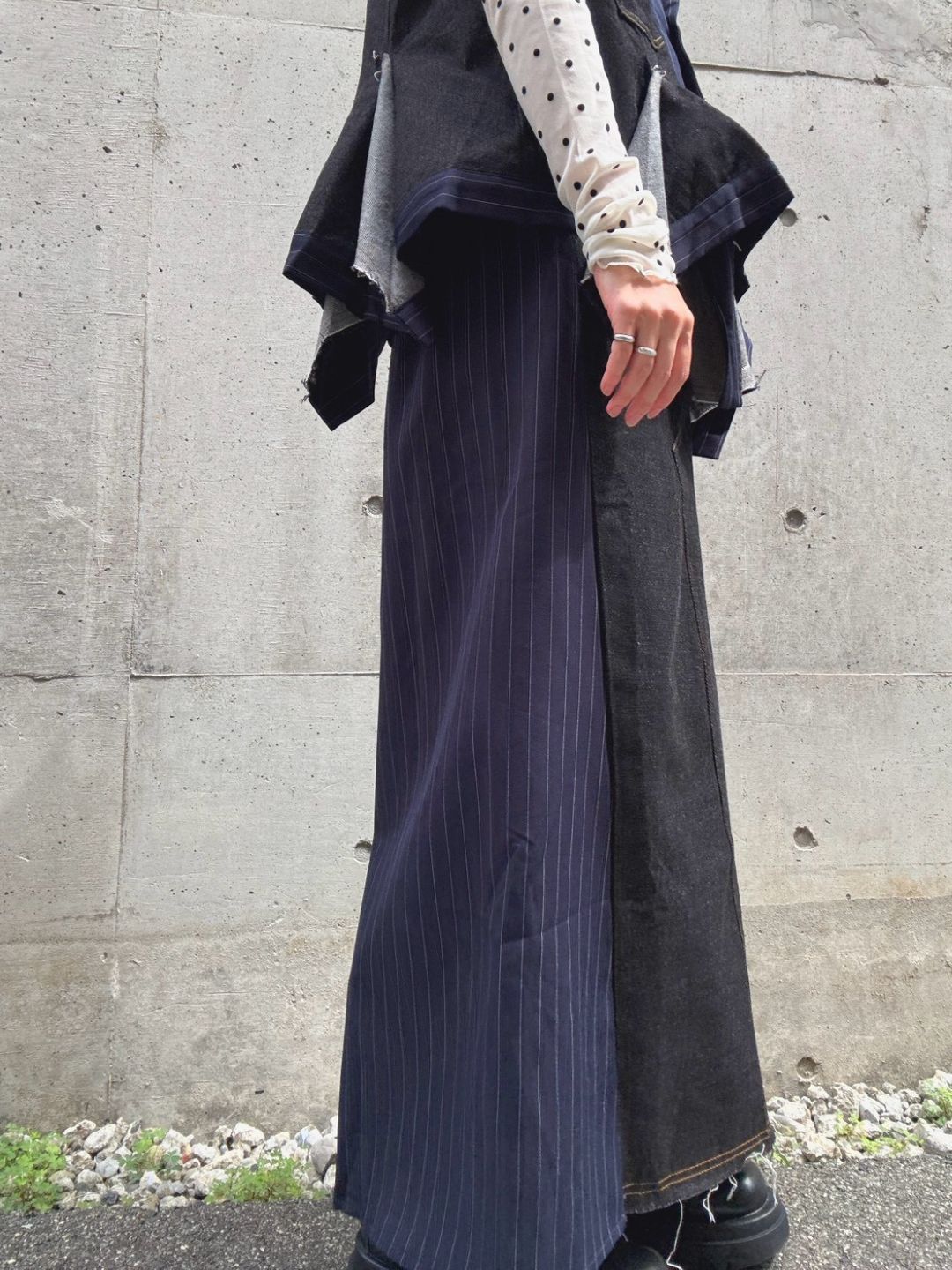 stripe×denim maxi skirt