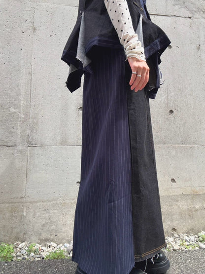 stripe×denim maxi skirt
