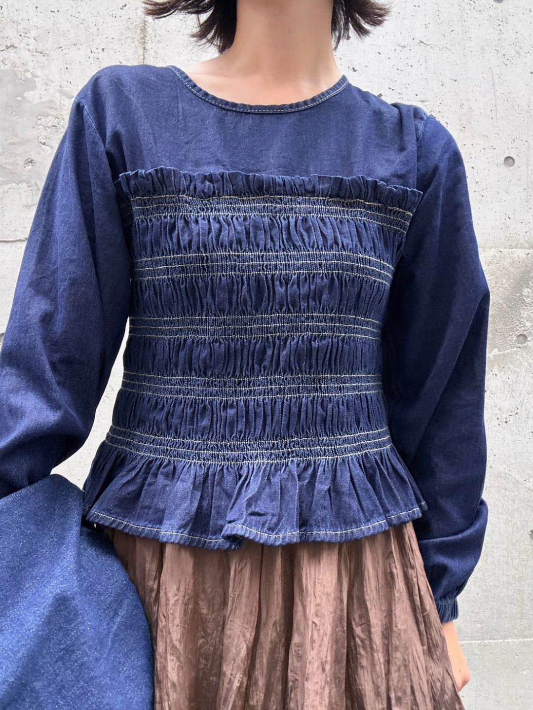 shirring denim tops