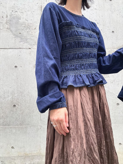 shirring denim tops