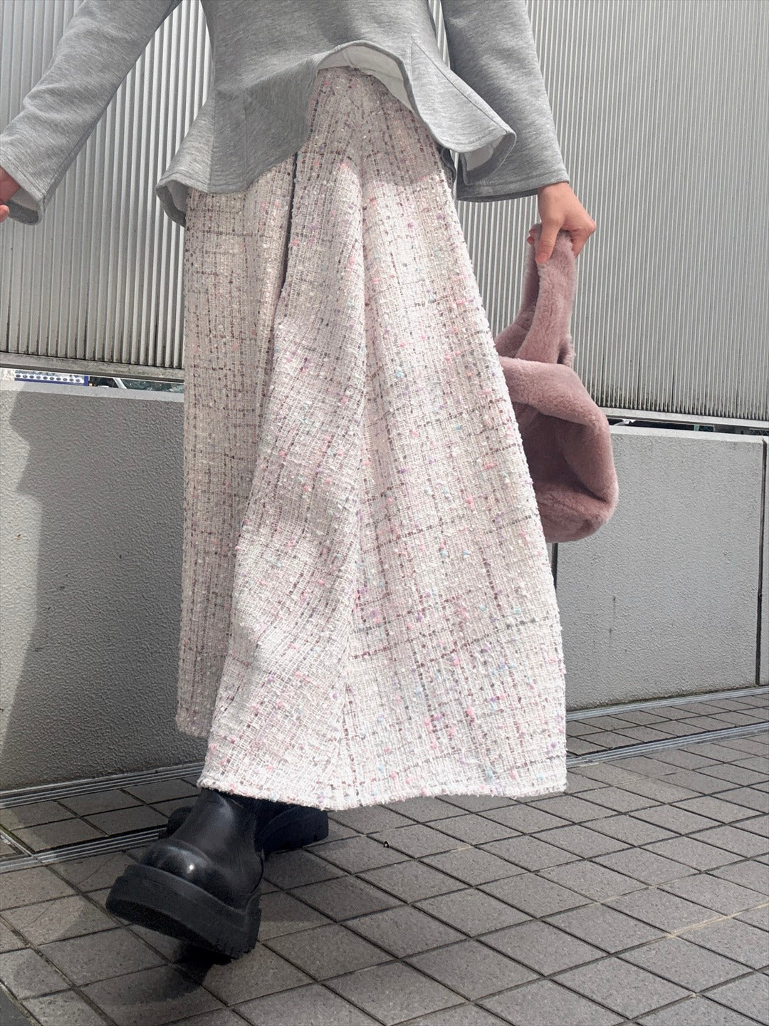 color mix tweed long skirt