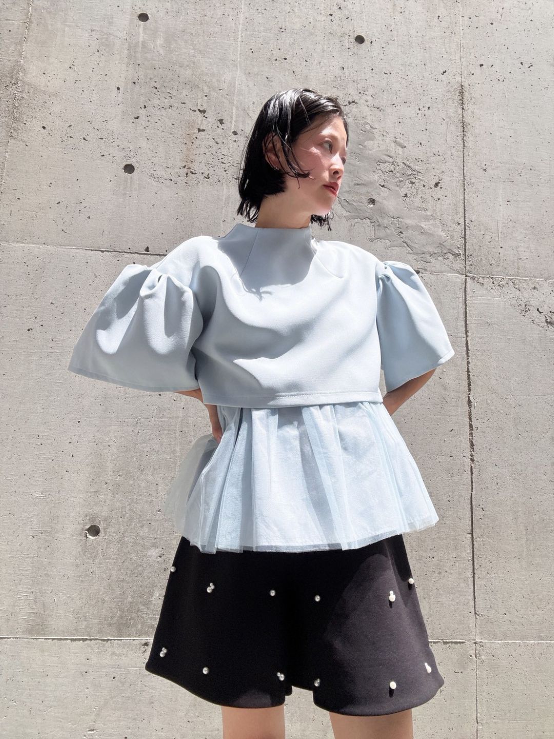 2way sleeve balloon tulle layered blouse