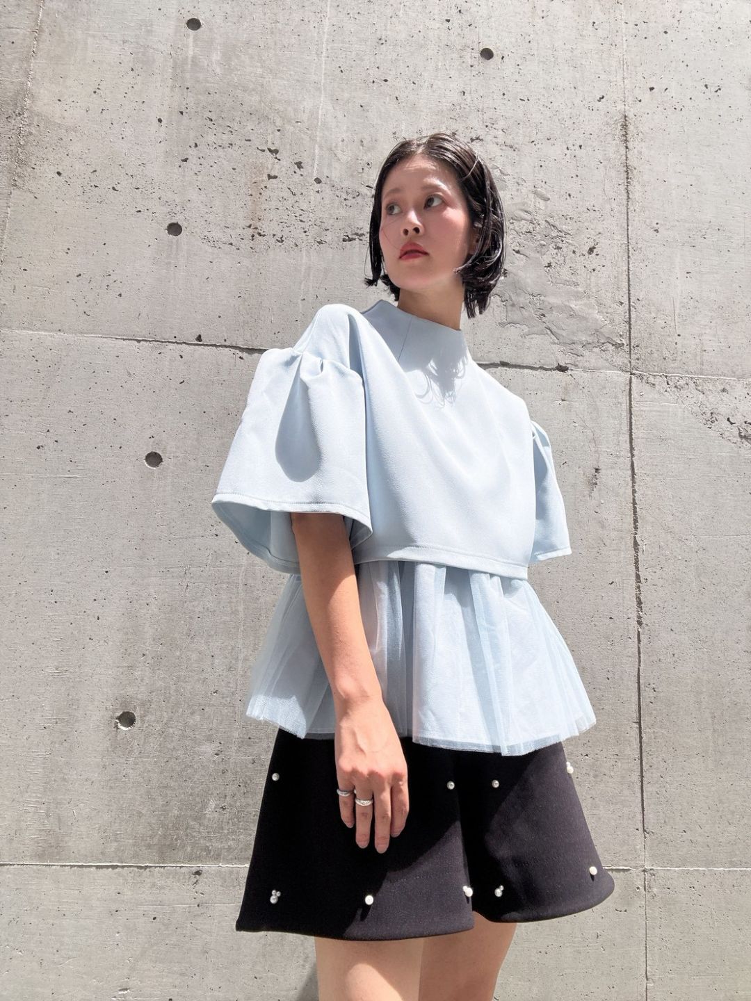 2way sleeve balloon tulle layered blouse