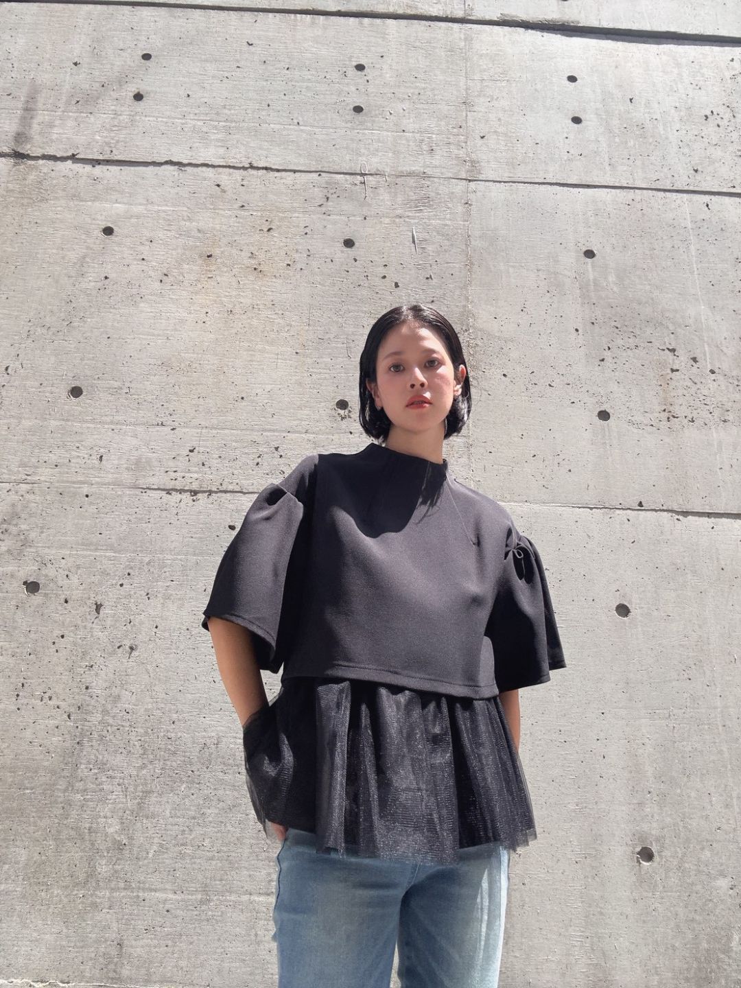 2way sleeve balloon tulle layered blouse