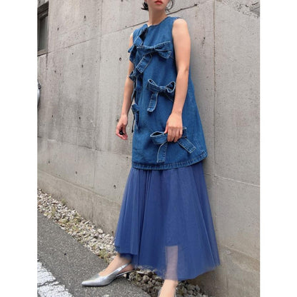 ribbon denim one-piece